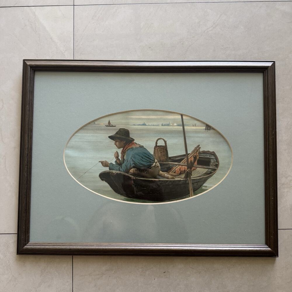 Antonio Paoletti Little Boy Fishing Framed Print Venetian Boat Oval Mat 21x16